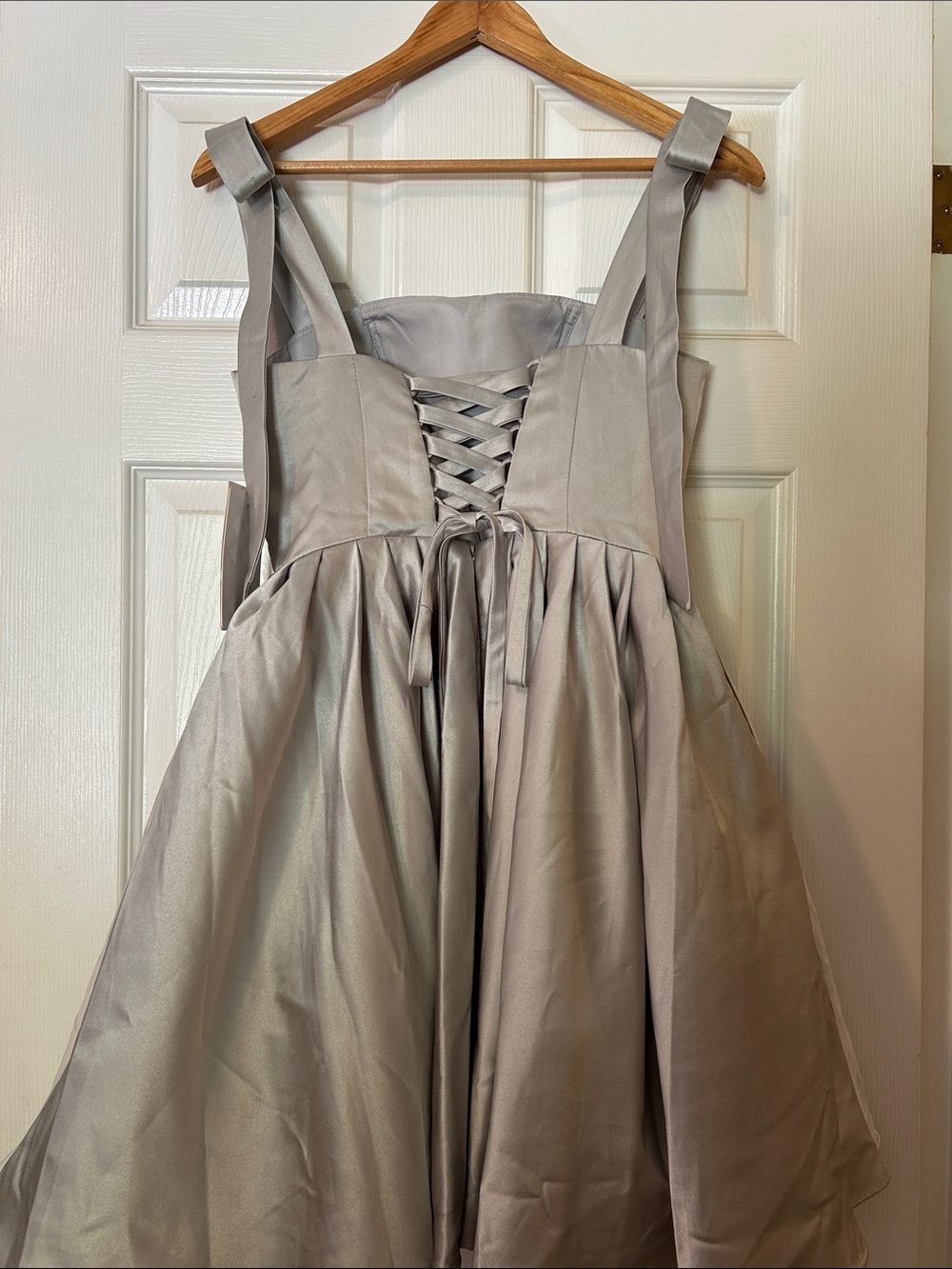 Silver Satin Fit-and-Flare Party Dress with Shoulder Ties and Corset back. - Picture 2 of 6